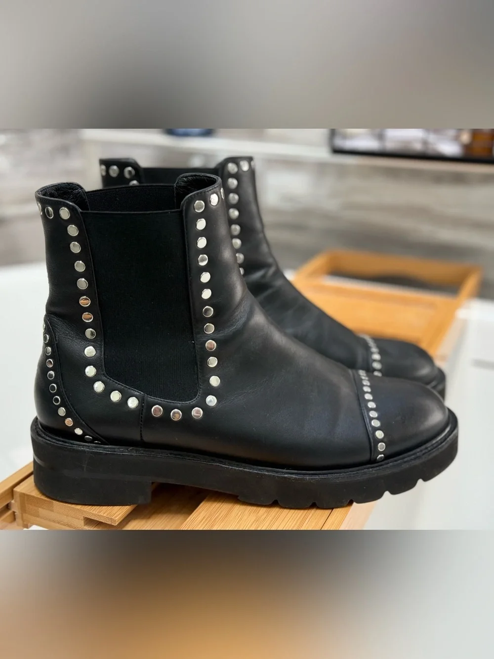 Stuart Weitzman Frankie Studded Chelsea Lug Ankle Boots in black